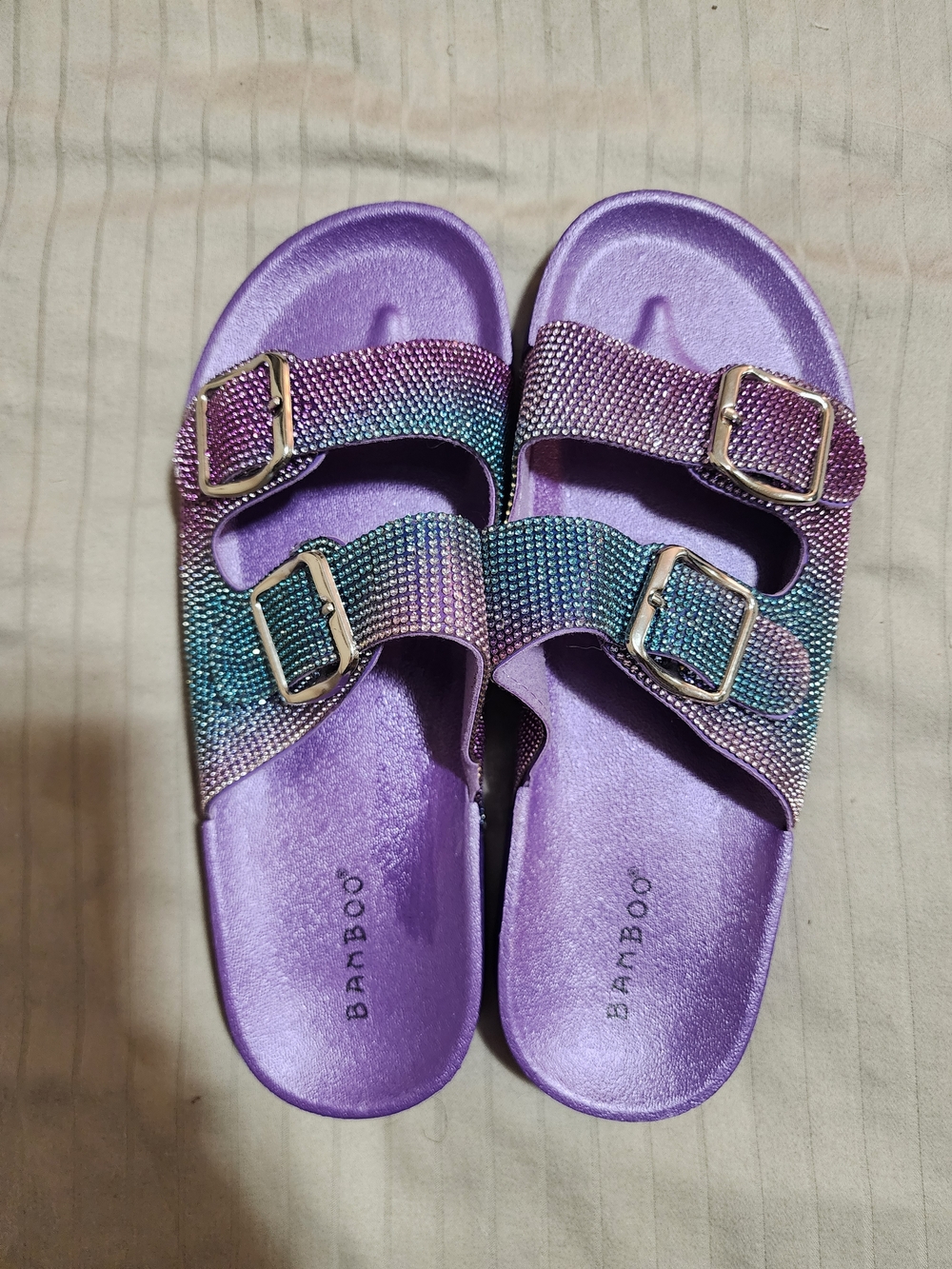 BAMBOO Purple Iridescent Double Buckle Womens  Slide Sandals
